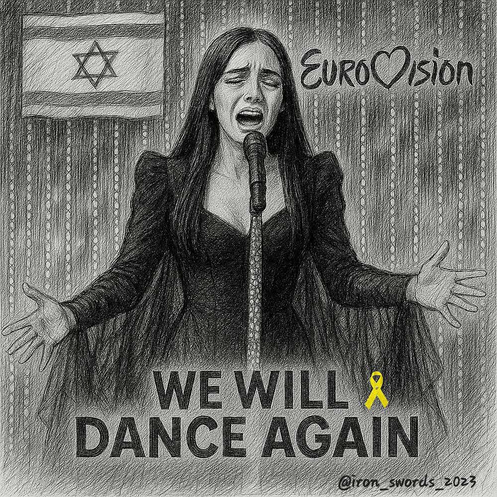 May be a doodle of dancing and text that says 'EuroDision Sion WE WILL DANCEAGAIN DANCE AGAIN @iron_swords2023 words_2023'
