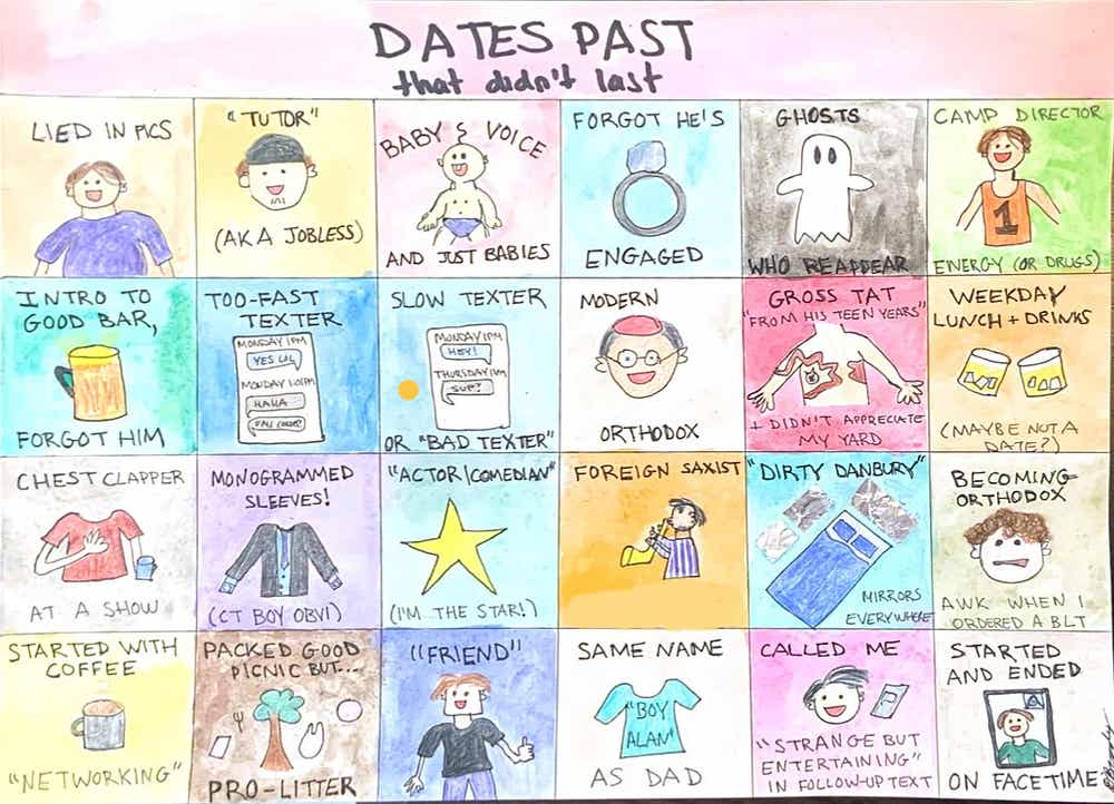 Drawings of reasons dates didn't work — he was engaged, he ghosted me, and he had monogrammed sleeves.