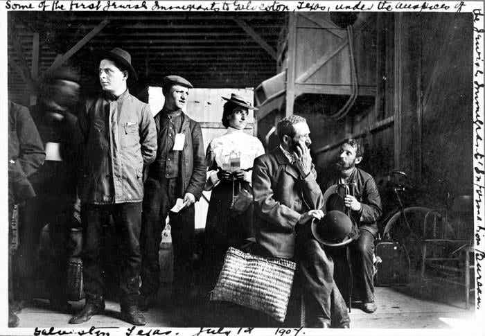 The Jewish Immigrant Information Bureau's first group of immigrants shortly after their arrival at the North German Lloyd Wharf, Galveston, Texas, July 1, 1907